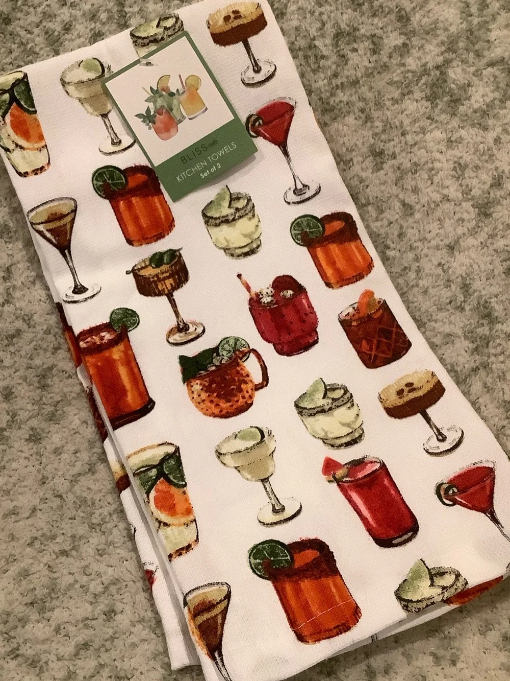 Cocktails Mocktails & Tropical Drinks Kitchen Towels Set of 2 NWT Cotton Bliss